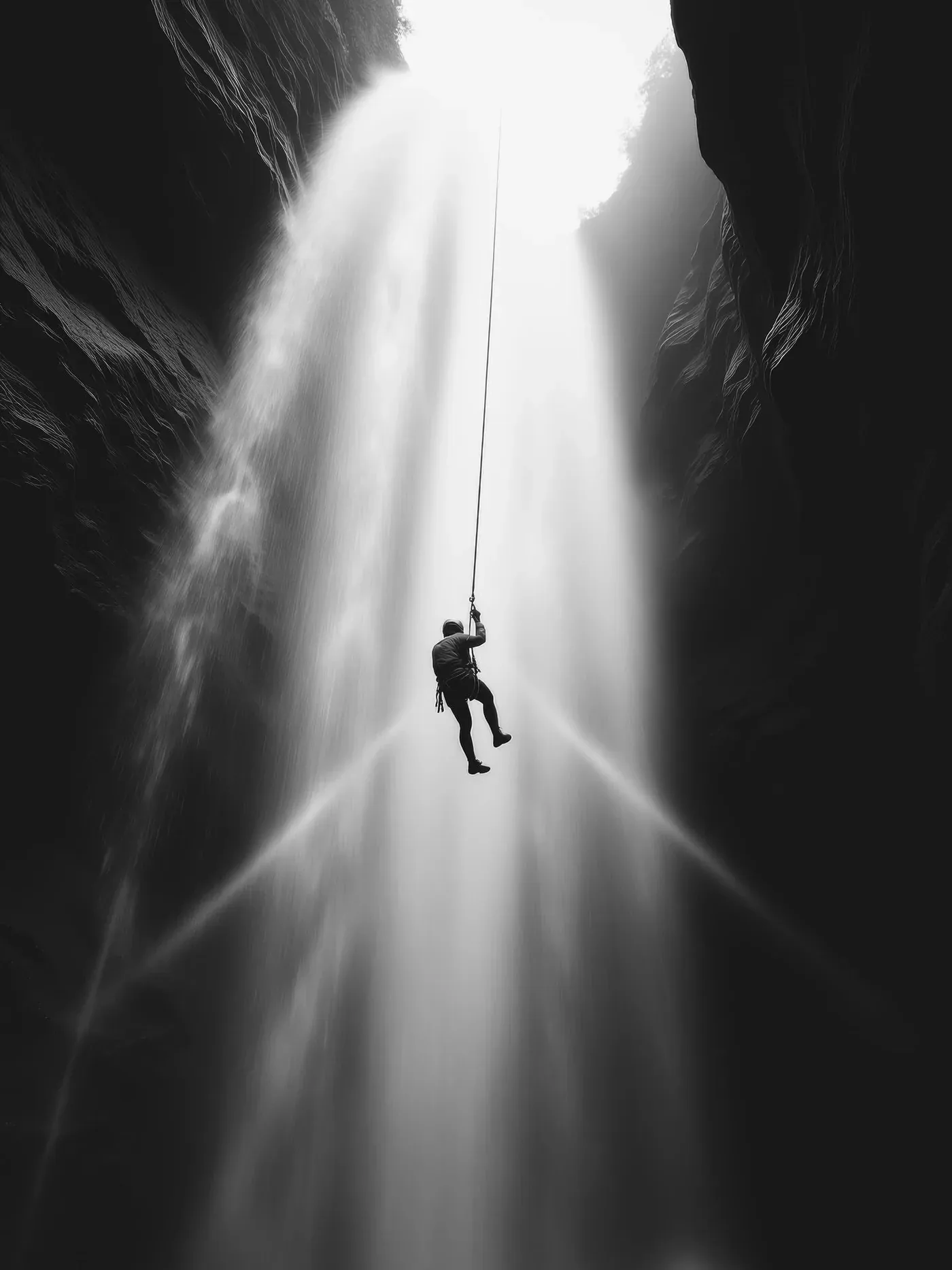 A canyoner rappelling down a waterfall on ropes, shot in black and white