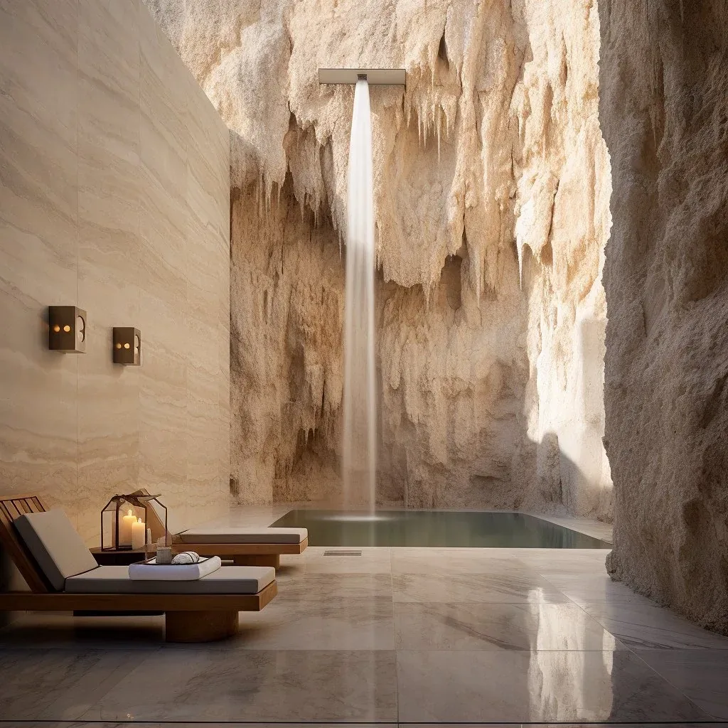 A narrow stone canyon with a single waterfall of light and water falling into a dark pool