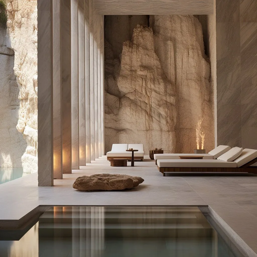A colonnade of travertine pillars beside a still reflecting pool in warm light
