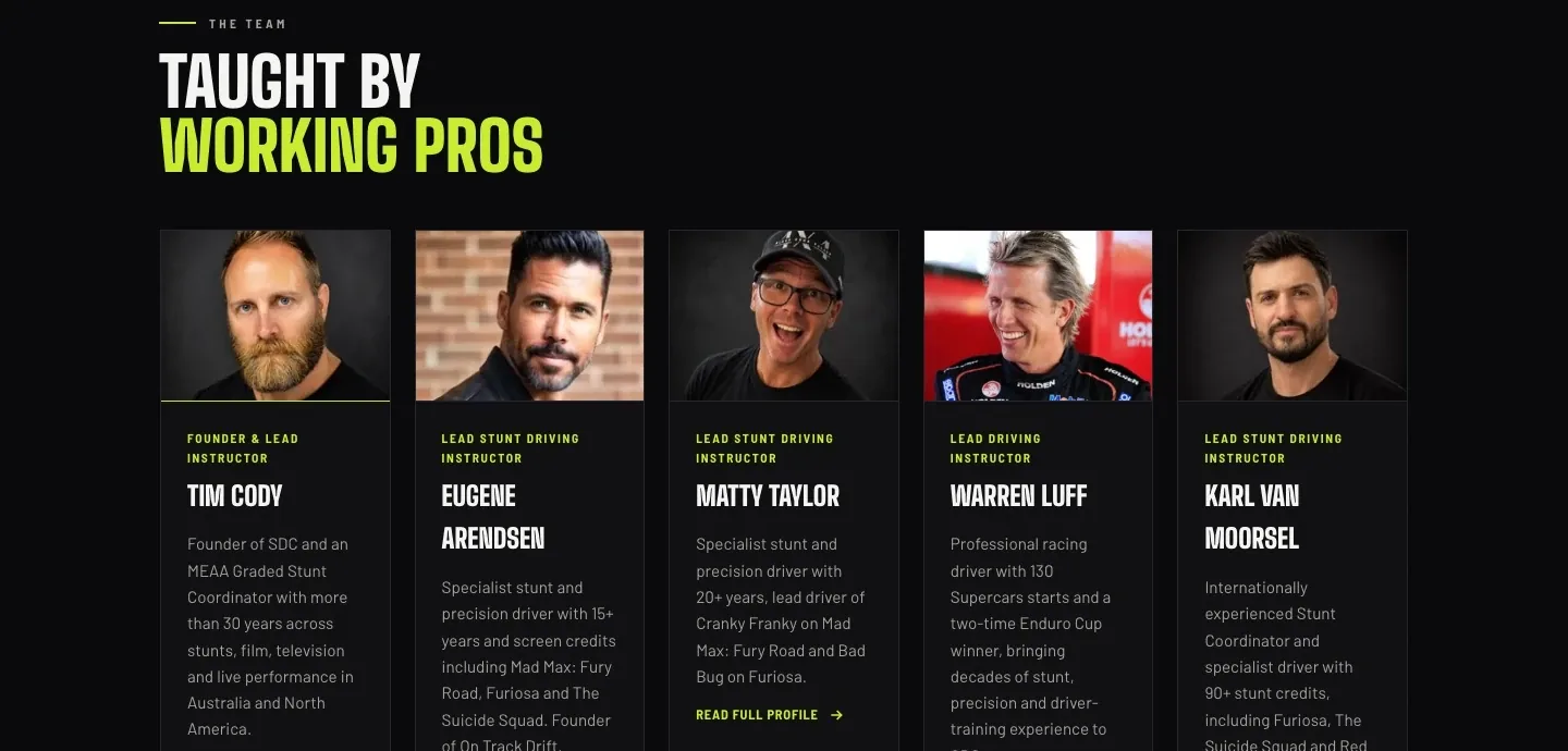 Stunt Driving Clinic website instructor team section